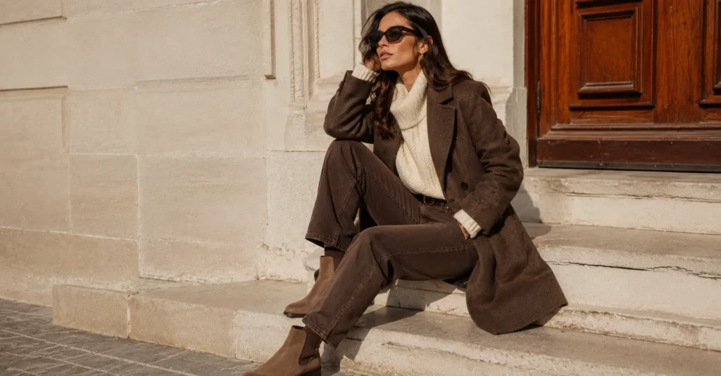 Brown jeans fashion trend with a cozy fall-inspired brown denim outfit.