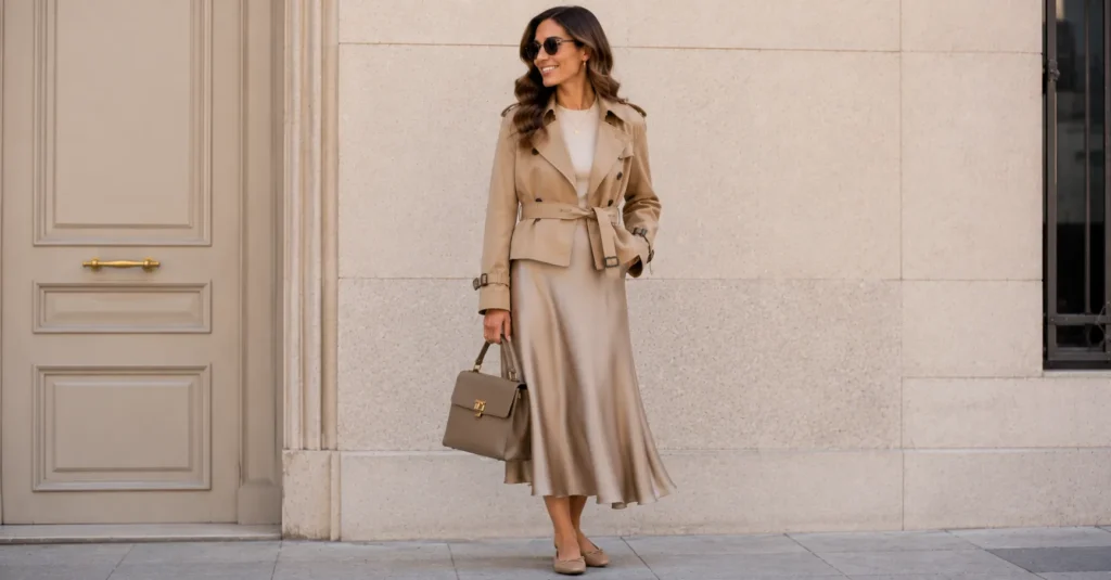 Cropped trench coat outfit ideas with a midi skirt and fitted knit top for feminine styling.
