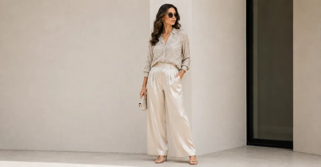 Silk trouser outfit ideas featuring silk pants styled with a statement evening top.