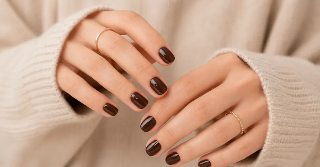 Dark winter nail colours featuring chocolate brown nails with a glossy mocha finish.