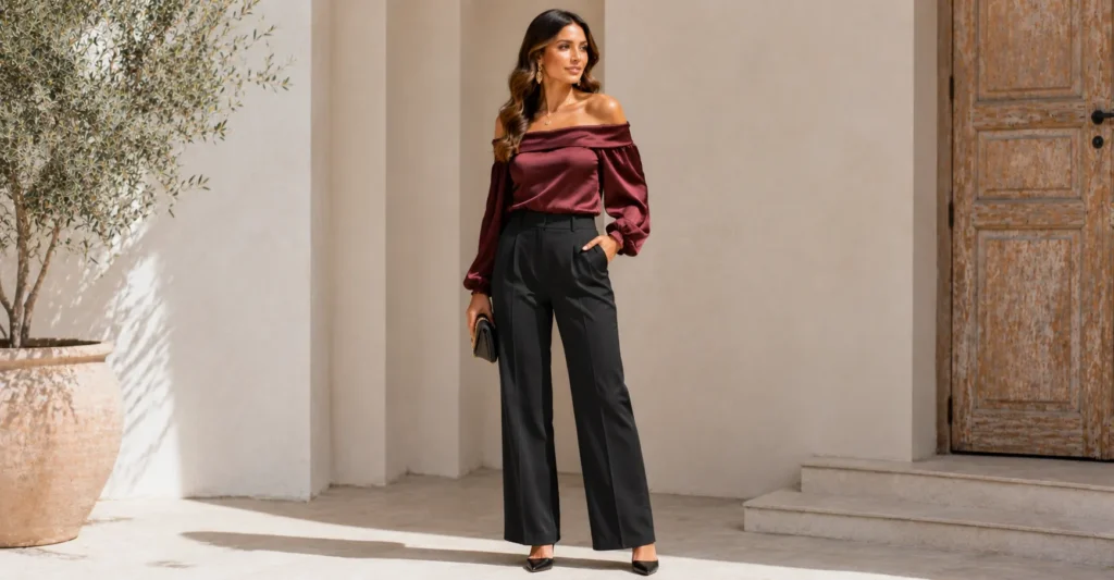 Down Shoulder Top Outfit Ideas: How to Style It in 2026 7 Evening down shoulder top outfit ideas with satin off shoulder top and tailored trousers.