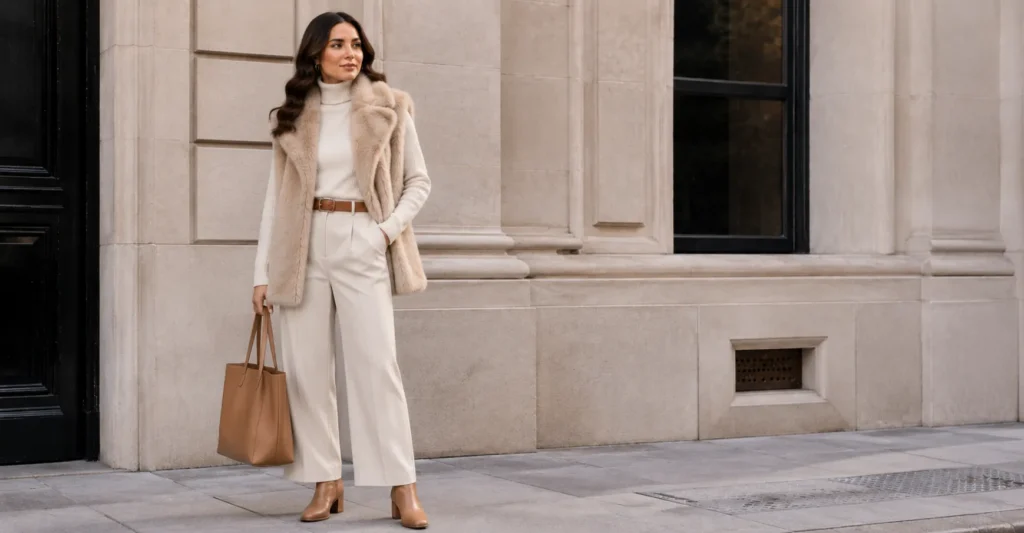 Faux fur coats outfit ideas with beige faux fur gilet and wide-leg trousers.