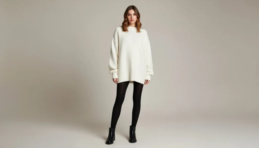 Fleece Lined Tights Outfit Ideas: Stay Warm and Stylish This Winter 8 Elegant fleece lined tights outfit ideas with white cashmere sweater.