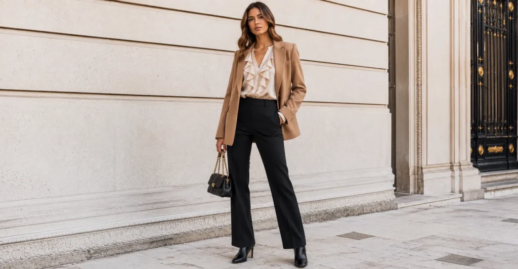 Ruffle Front Blouse Trend: How to Style It in 2026 8 Ivory satin ruffle front blouse layered with a blazer for elegant autumn and winter fashion.