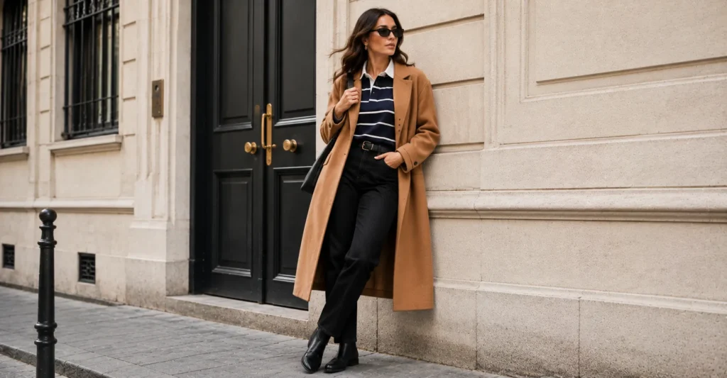Rugby Shirts Jeans Trend: How to Style It in everytime 7 Winter rugby shirts jeans trend outfit layered with a camel coat and black jeans.