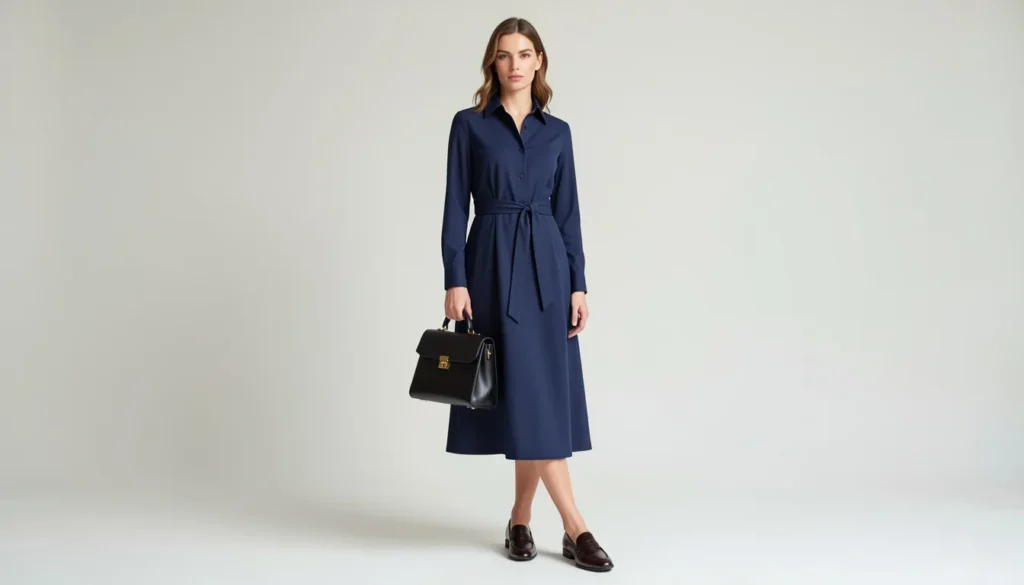 Shirt Dresses for Women: The Complete Style Guide 8 Shirt dresses for women styled as professional office wear with a navy midi shirt dress.