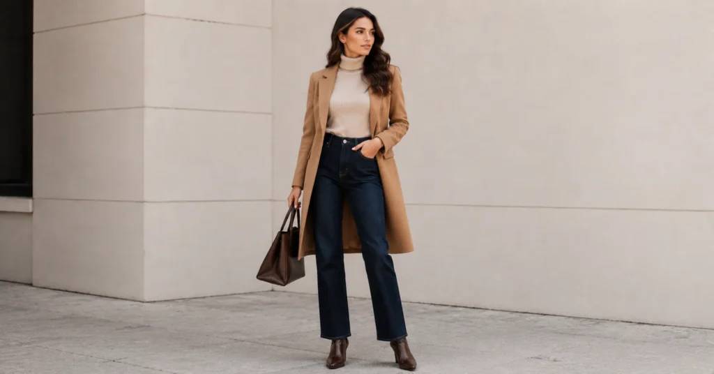 Stovepipe Jeans Outfit Ideas: How to Style Them in this year 10 Autumn stovepipe jeans outfit ideas with turtleneck and camel coat.