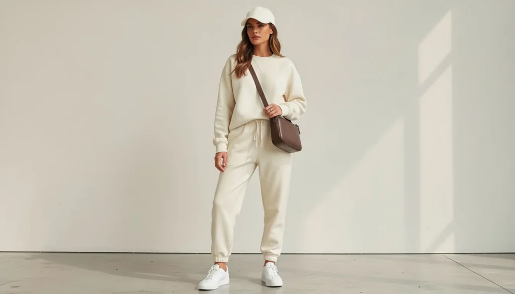 Trendy Sweatshirts Outfit Ideas: How to Style Them in this year 7 Athleisure trendy sweatshirts outfit ideas with crewneck sweatshirt, joggers, trainers, and baseball cap.