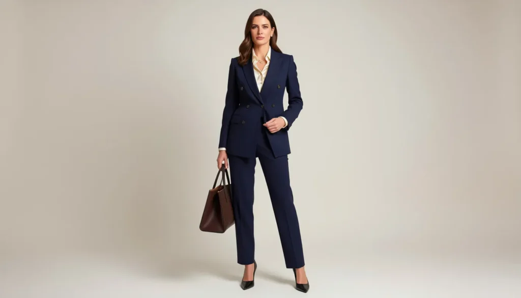 Executive business attire for women with double-breasted blazer, tailored trousers, and silk blouse.
