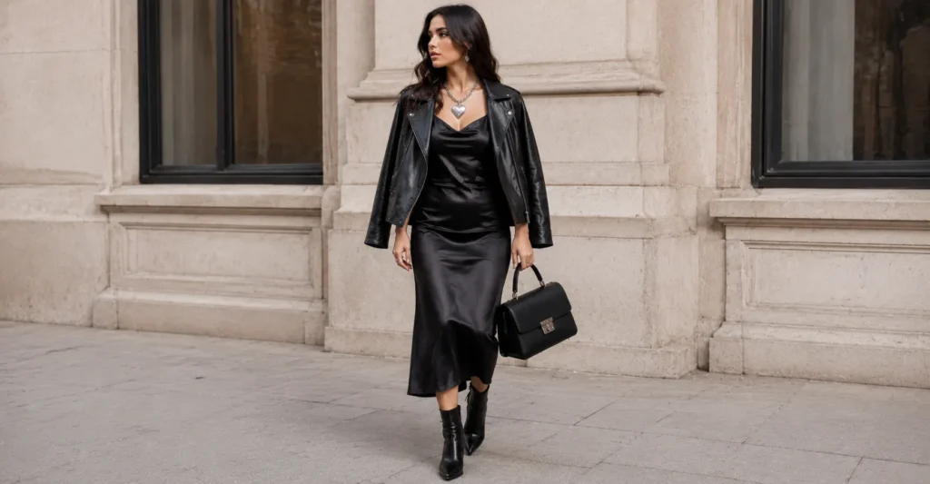 Chrome heart dress outfit for evening featuring black satin dress, leather jacket, and statement silver necklace.