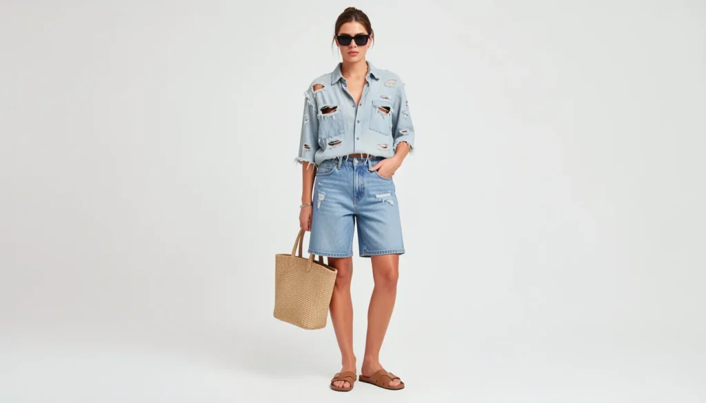 Distressed Shirt for Women: The Complete Guide to Edgy, Effortless Style 8 Distressed shirt for women styled with denim shorts and sandals for a summer casual look.