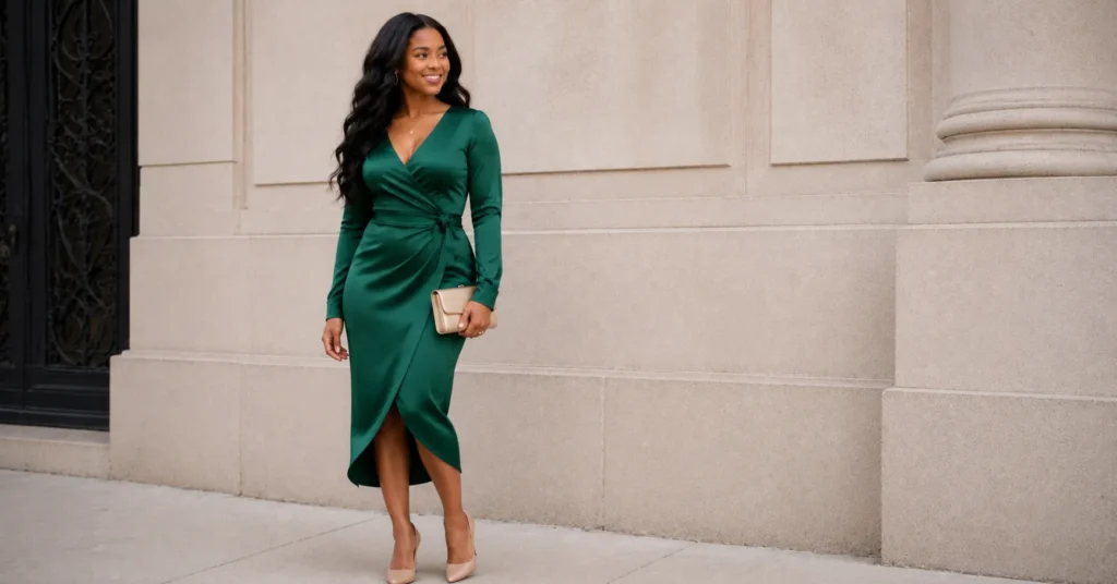 Girly Outfits Black Women Will Love: A Complete Feminine Style Guide 6 Girly outfits black women can style elegantly with an emerald wrap dress and gold accessories.