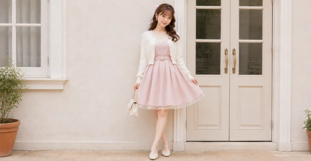 Himekaji outfits with a blush pink dress styled for a romantic date look.