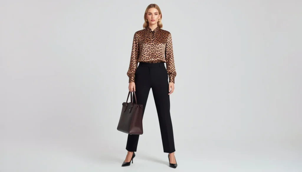 Leopard Print Outfit Ideas: How to Wear This Timeless Statement With Confidence 7 Leopard print outfit with a silk blouse and tailored black trousers for work.