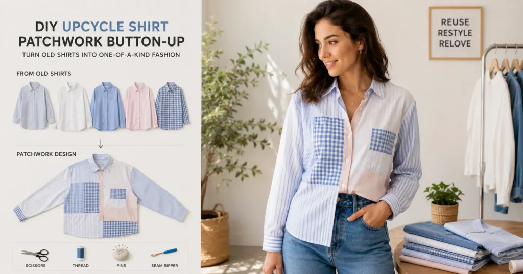 Upcycle Shirt Projects: The Complete Guide to Refashioning Old Shirts Into Something New 7 Upcycle shirt project featuring a handmade patchwork shirt made from old fabric pieces.