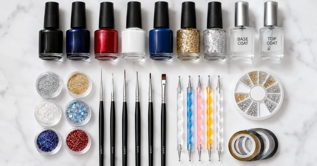 Firework nails tools with glitter polish, striping brushes, dotting tools, and top coat.