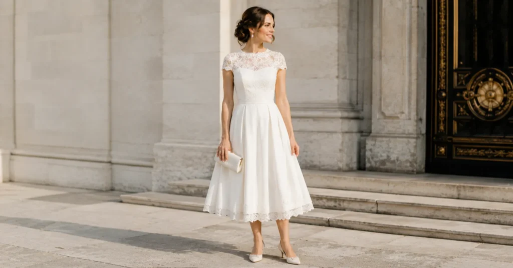 Elopement Dress Ideas: How to Find the Perfect Look for Your Intimate Wedding 8 Elopement dress ideas featuring a vintage tea-length bridal dress with lace details.