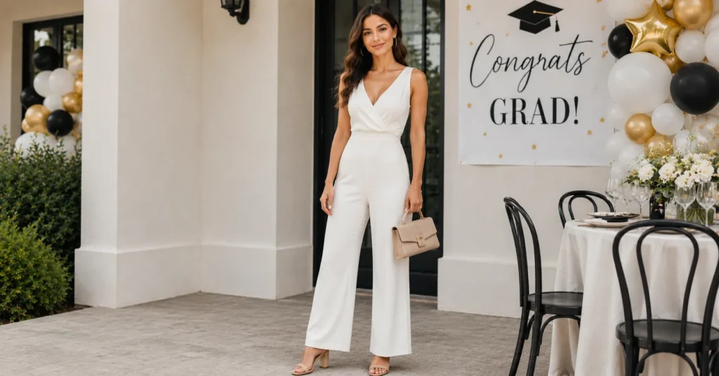 Grad Party Outfit Ideas: Stylish Looks for Every Graduation Celebration 9 Grad party outfit ideas featuring a tailored white jumpsuit, block heels, and gold jewelry for a college celebration.
