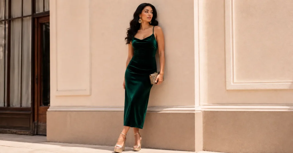 Kali Uchis outfit ideas featuring an emerald velvet midi dress with gold accessories and retro glam styling.