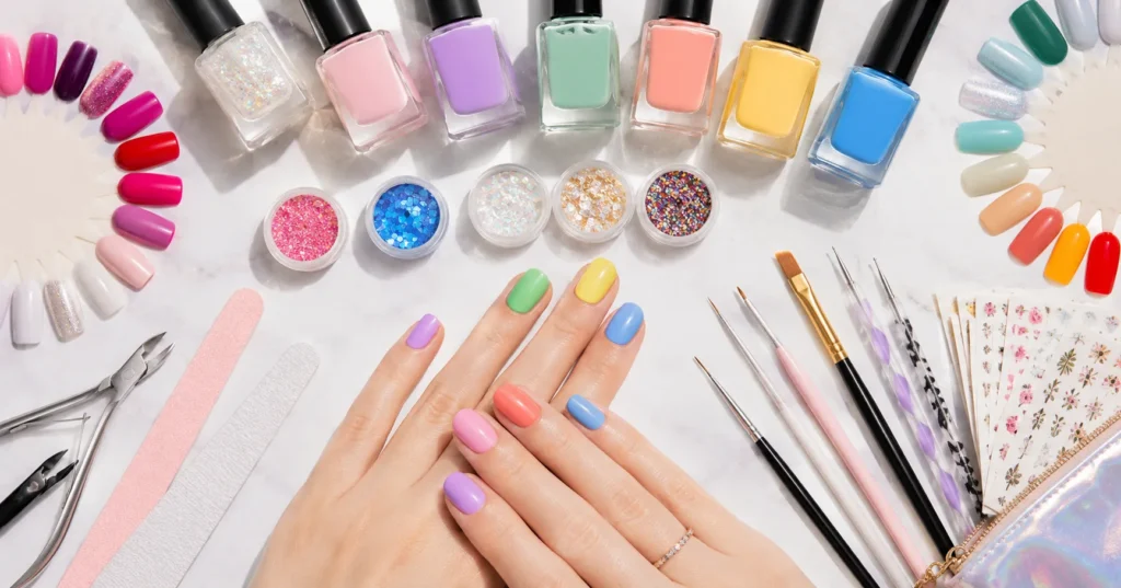 Multicolored manis palette perfection with nail art tools and colorful polish palette.