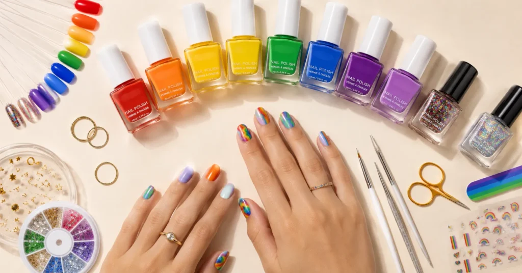 Pride Nails Designs: 30+ Bold Ideas, Colors, and Techniques to Celebrate in Style 8 Pride nails designs with colorful nail polish, manicure tools, and rainbow nail art inspiration.