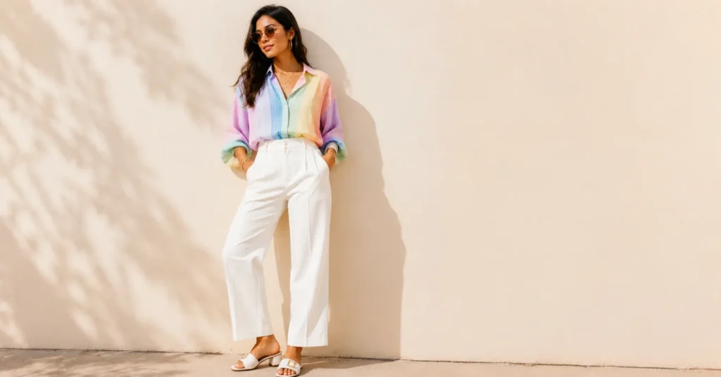 Pride outfits women featuring chic pastel rainbow fashion and stylish Pride Month outfit inspiration.