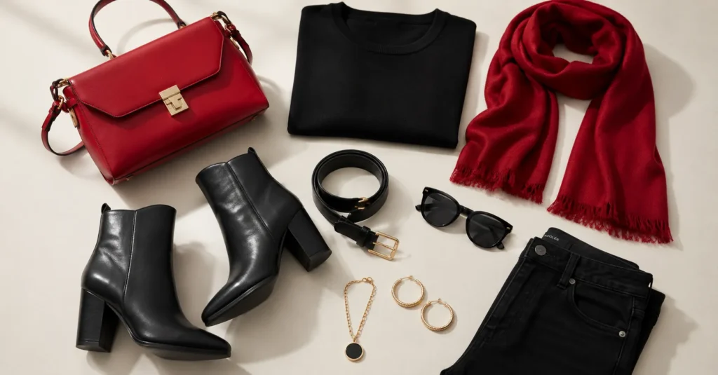 Red and black outfit ideas using accessories like a red bag, black boots, and stylish fashion accents.