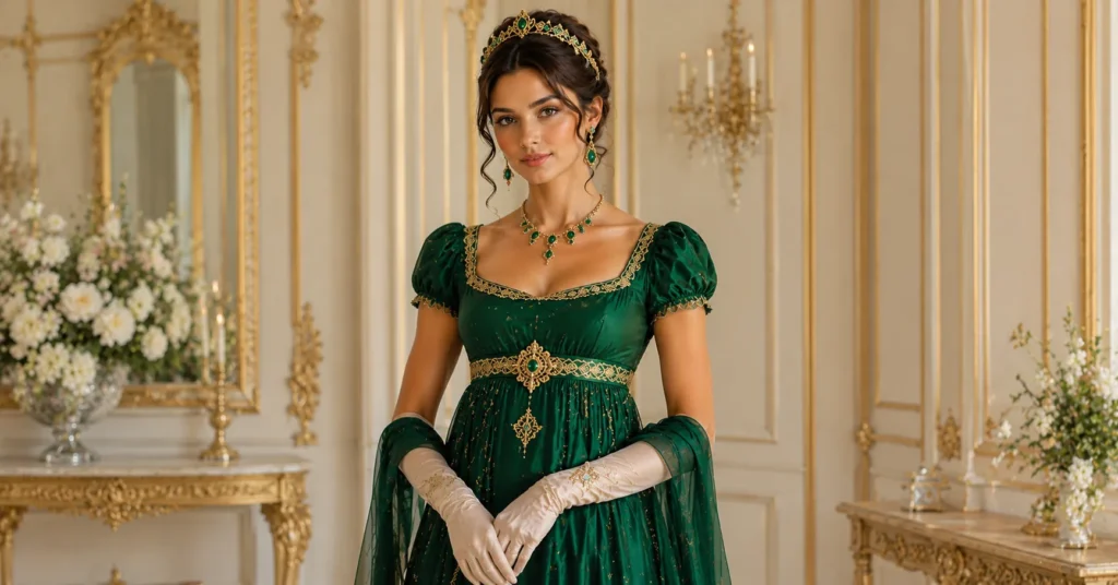 Bridgerton Party Outfit Ideas: 25+ Regency Looks to Steal the Show 10 Bridgerton party outfit ideas with an emerald and gold Regency-inspired gown.