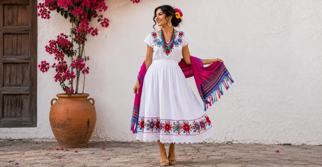 Fiesta party outfit ideas for Cinco de Mayo with colorful embroidered details.