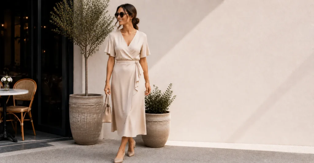 Casual Lunch Outfit Ideas: 30 Effortless Looks for Any Occasion 8 Casual lunch outfit ideas featuring a wrap dress for a lunch date.