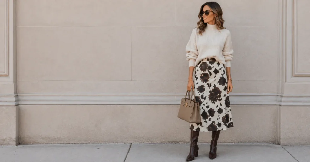 Cow Print Skirt Outfit Ideas: 30 Effortless Looks You'll Love 9 Fall Cow Print Skirt Outfit Ideas with a cream sweater and knee-high boots.