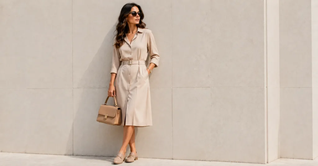 Smart Casual Outfit Ideas featuring a belted shirt dress and loafers.