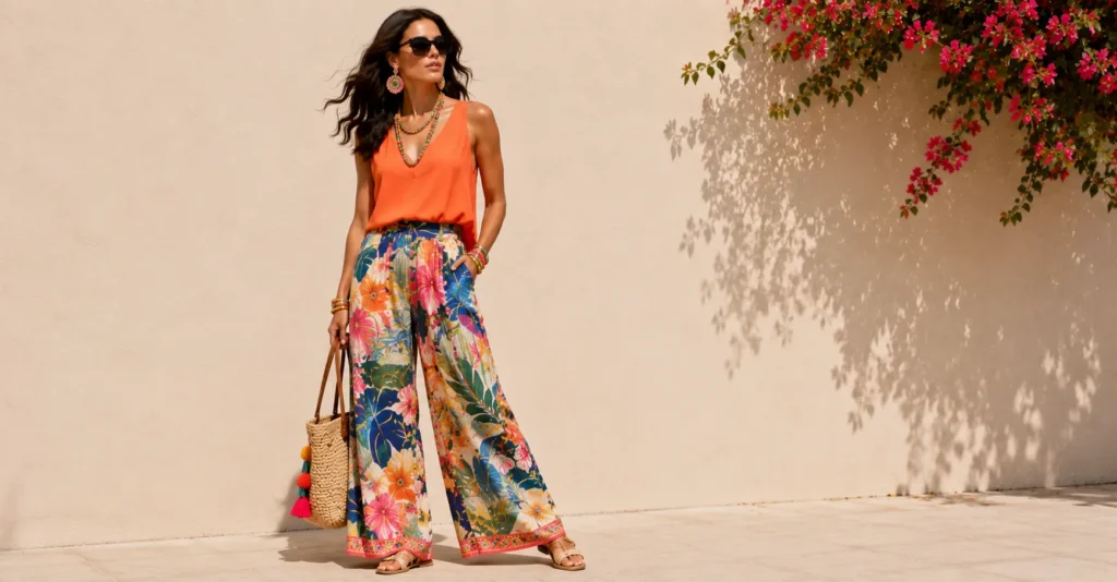 The Ultimate Guide to Summer Maximalist Outfits (2026) 10 Summer maximalist outfits with printed palazzo pants and vacation-ready styling.