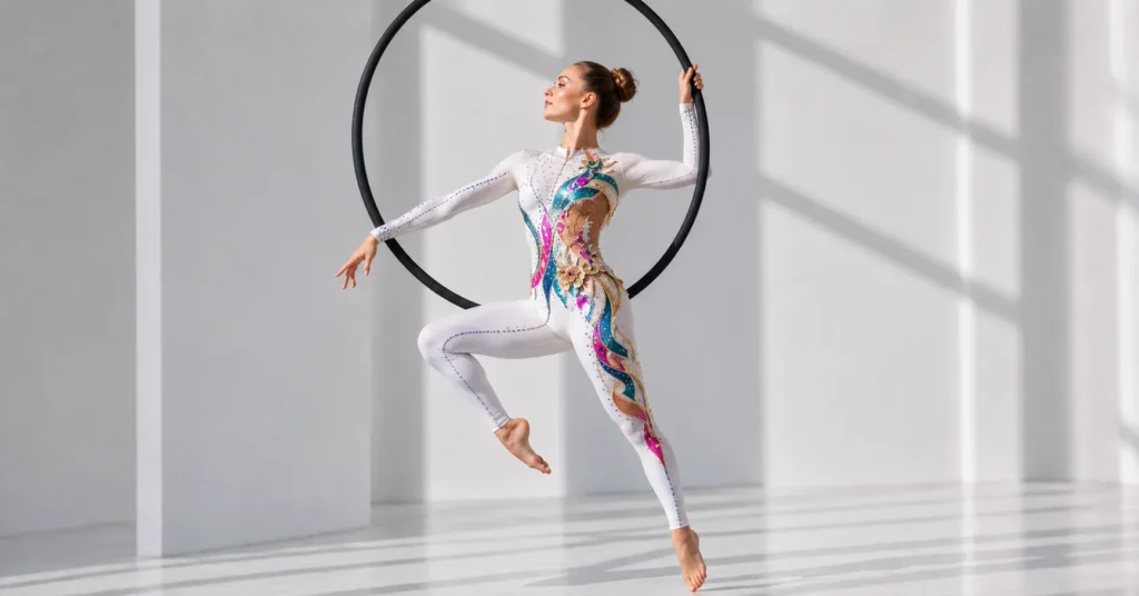 Acrobat outfit with DIY rhinestone and fabric appliqué details for performance wear.