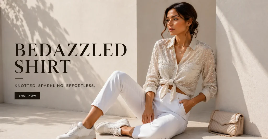 Bedazzled Shirt: The Complete Guide to Dazzling Style 3 Bedazzled shirt tied at the waist with white jeans for a fashionable casual outfit.