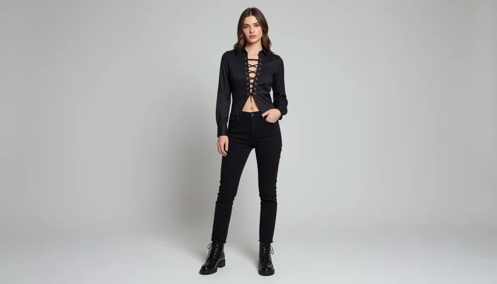 Cut Up Shirt Ideas: The Complete Guide to Bold DIY Refashions 9 Cut up shirt ideas featuring a lace-up side shirt styled with black jeans.