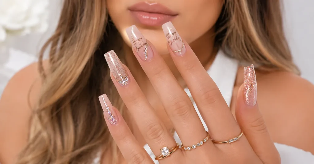 Glamorous birthday nails in a trendy coffin shape with detailed nail art.