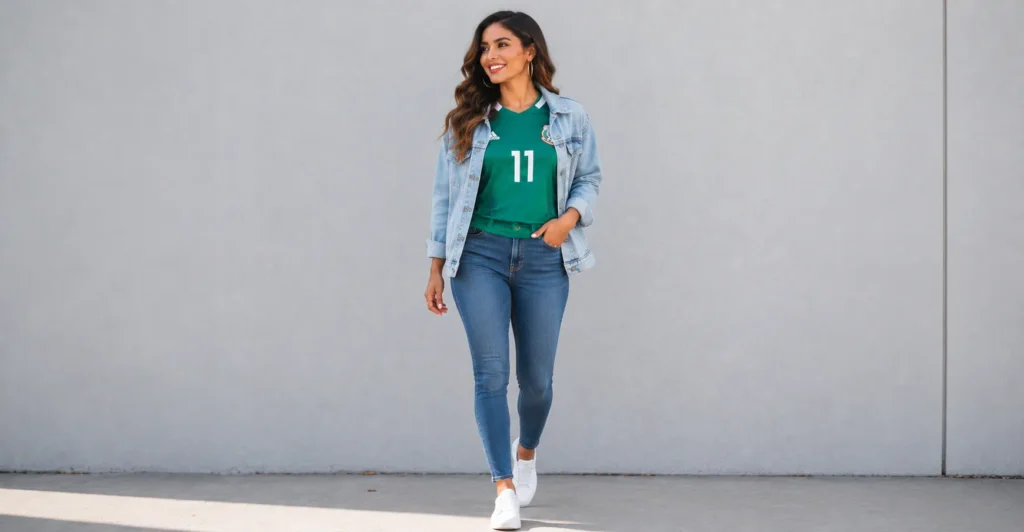Layered Mexico soccer jersey outfit for women with a denim jacket and jeans.
