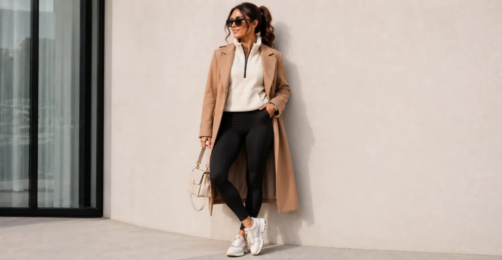 Sporty outfits for women featuring thermal leggings and layered winter fashion essentials.