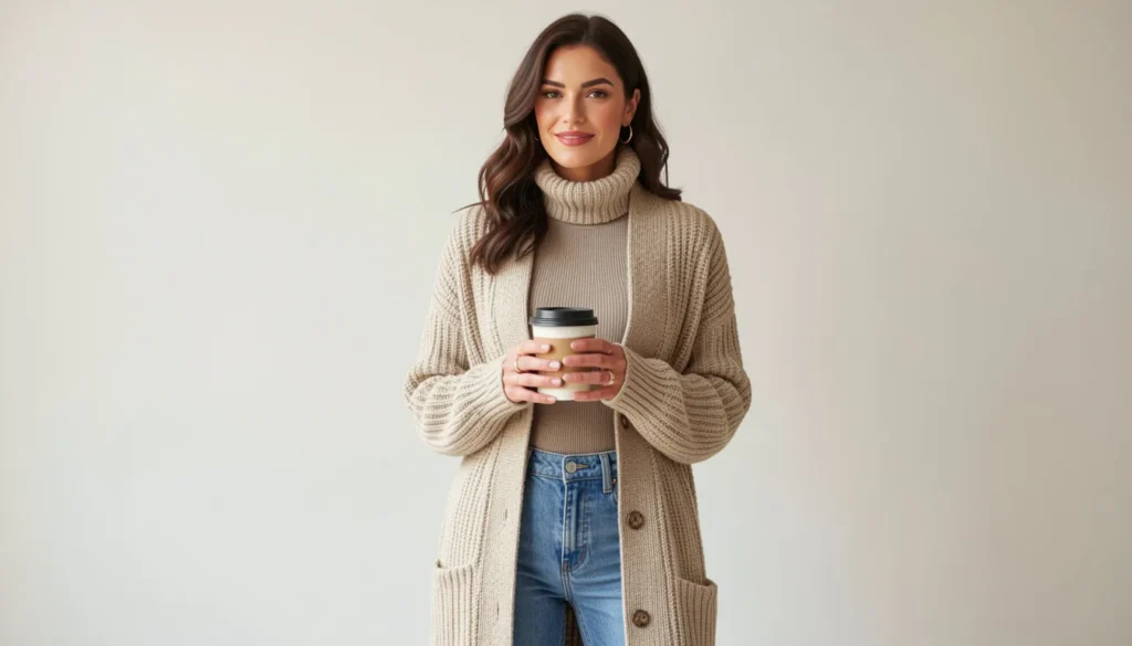 Lorelai Gilmore outfits ideas featuring a cozy cardigan outfit with a warm and stylish winter vibe.