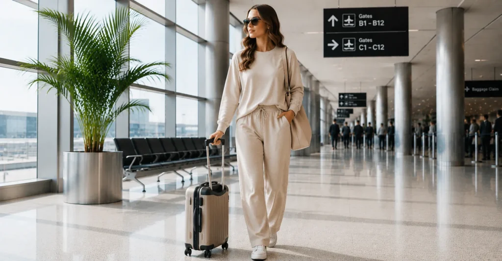 Plane outfits featuring a coordinated lounge set perfect for comfortable and fashionable air travel.