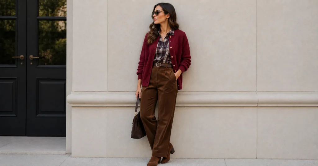 Red cardigan outfits featuring a burgundy knit cardigan styled for cozy autumn fashion.