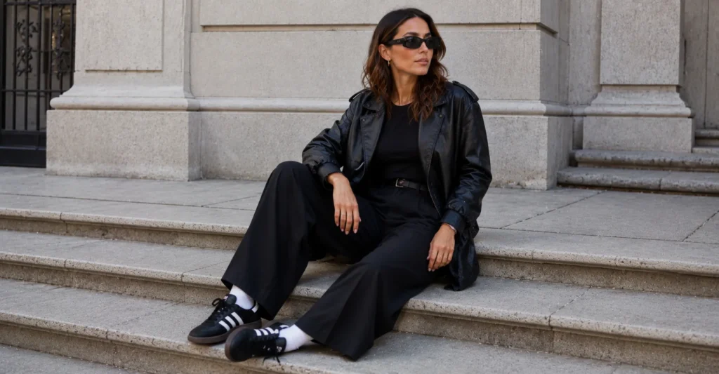 Monochrome black samba adidas outfit featuring black trousers and black Adidas Samba sneakers.