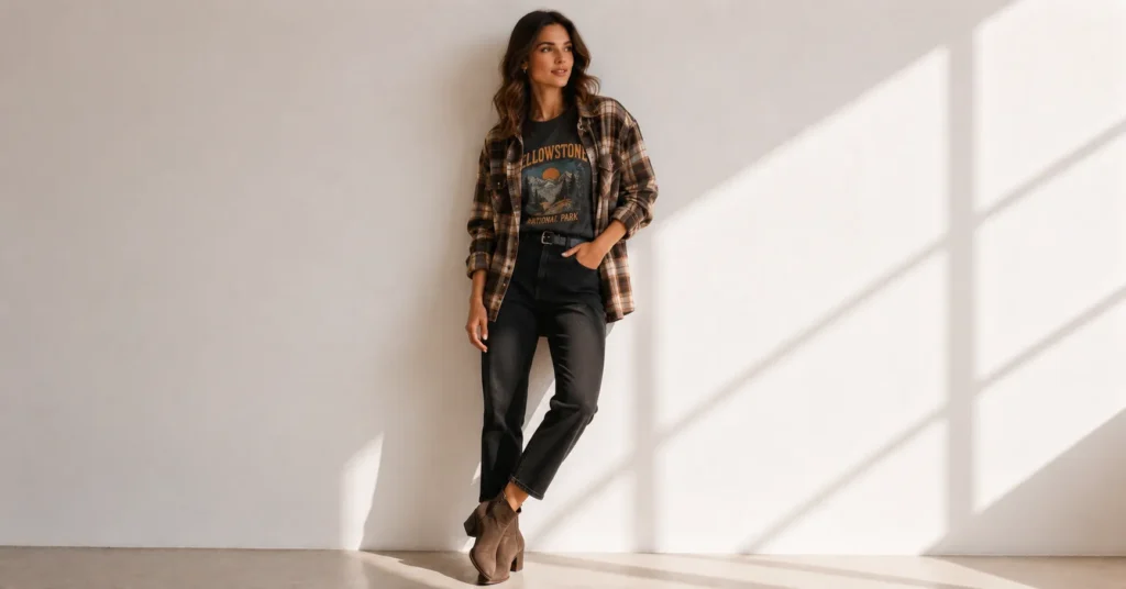 Graphic tee styling with flannel shirt and boots