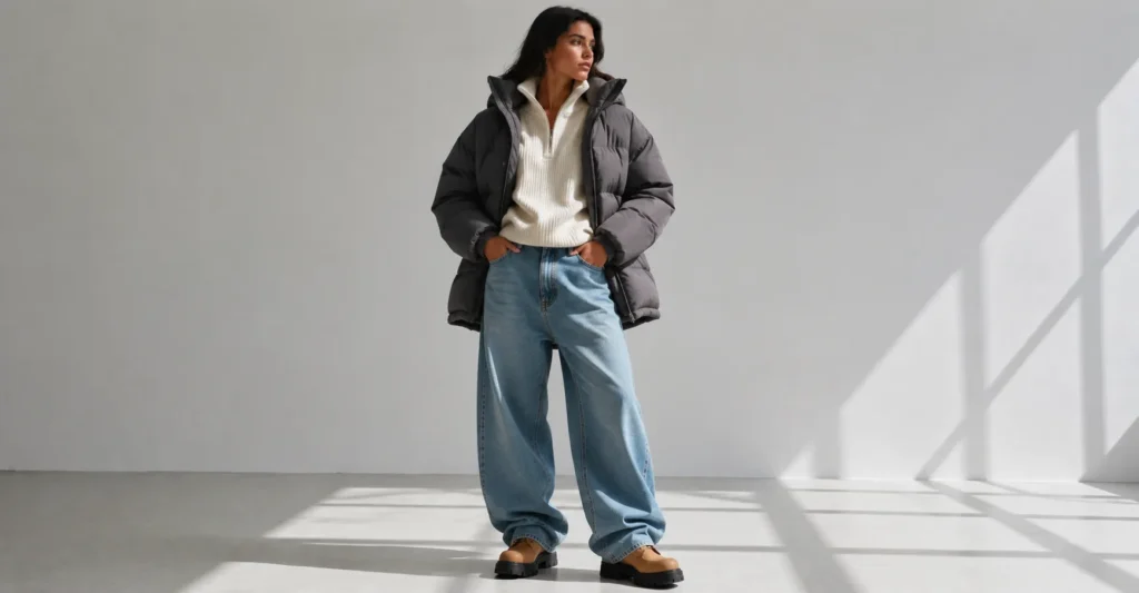 Winter oversized jeans outfit styled with a puffer jacket and boots.