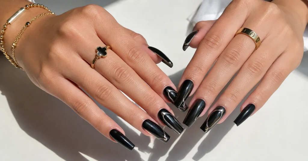 Black acrylic nail art ideas featuring long coffin nail designs.