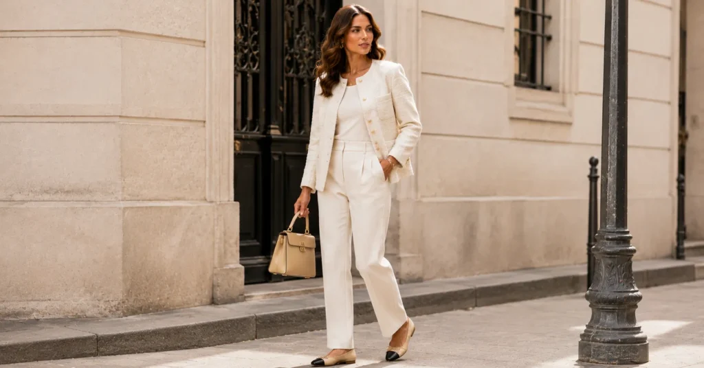 Chanel-inspired collarless blazer outfit ideas featuring a cream boucle jacket and classic elegant styling.