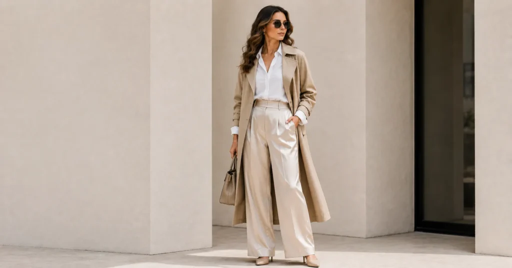 Silk trouser outfit ideas showcasing spring fashion with a blouse and trench coat.
