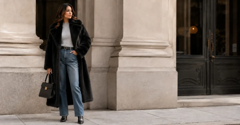 Black faux fur coats outfit ideas with grey sweater and high-waisted jeans.
