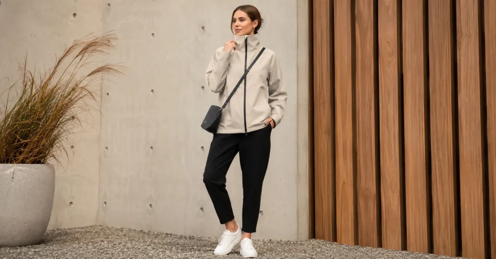 Funnel Neck Jacket: The Complete Style & Buying Guide 6 Technical waterproof funnel neck jacket styled for modern everyday fashion and wet-weather protection.